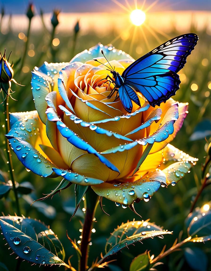 Good Morning! Beautiful Blue and Yellow Rose covered in dew ...