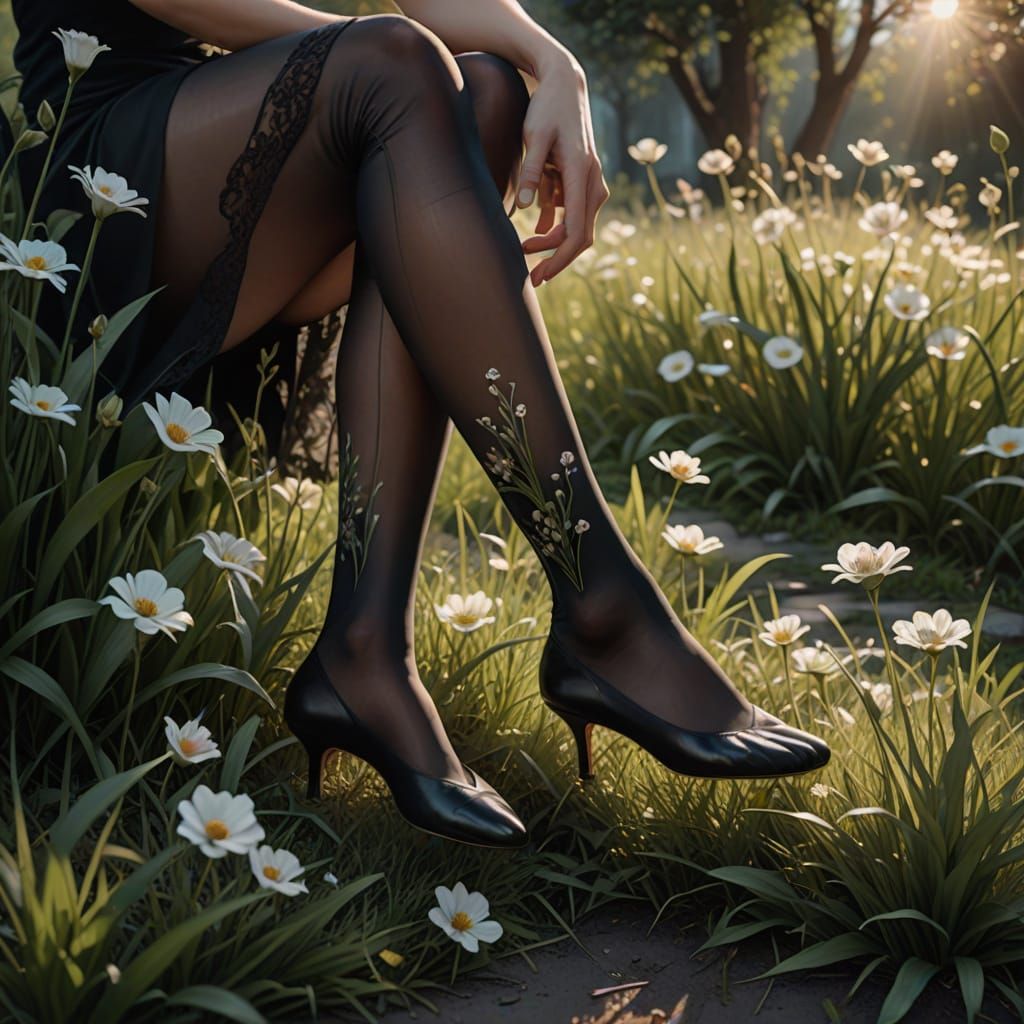Elegance in Sheer Hosiery: Woman's Foot on Grassy Bloom