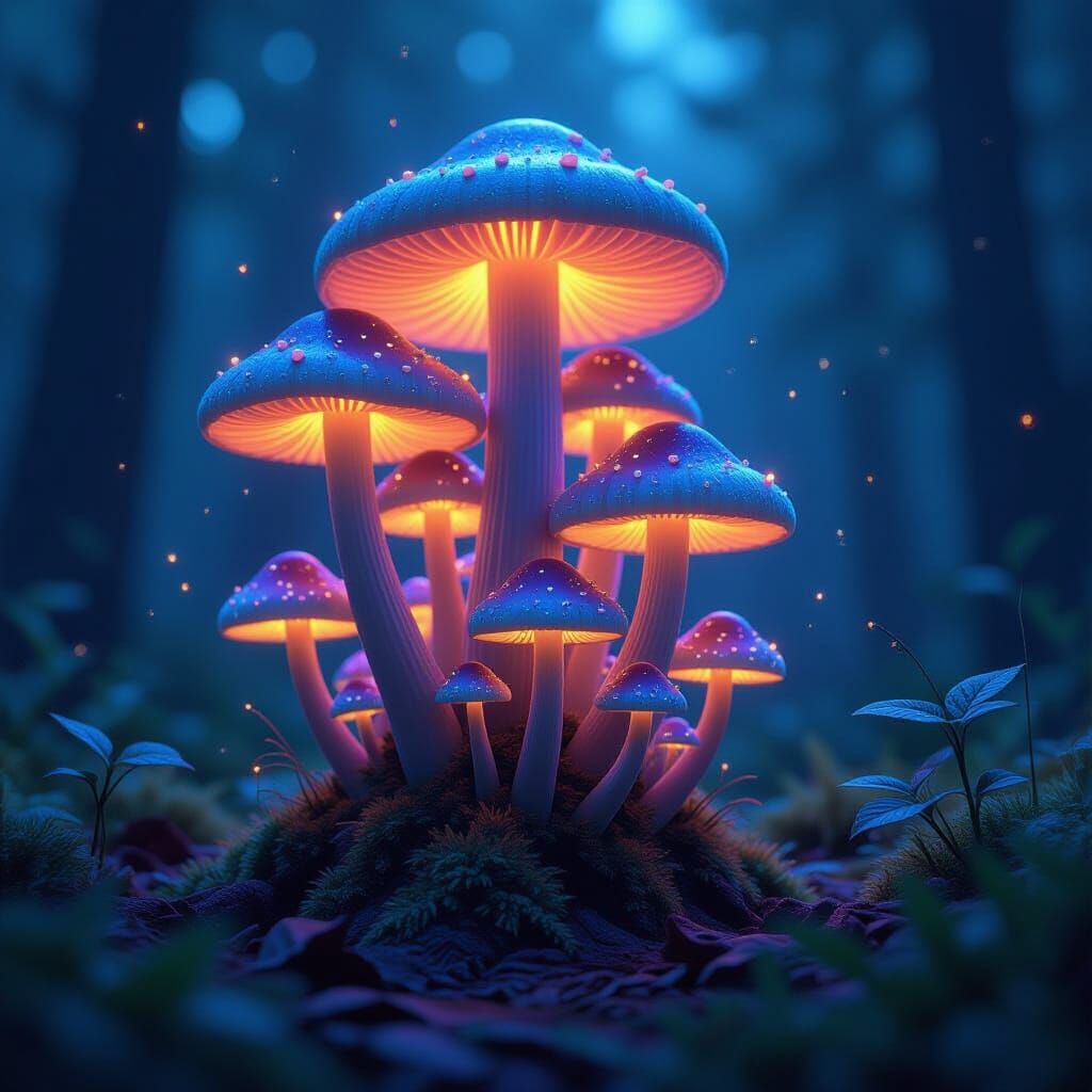 Hyperrealistic Comic Mushrooms with Bioluminescent Glow