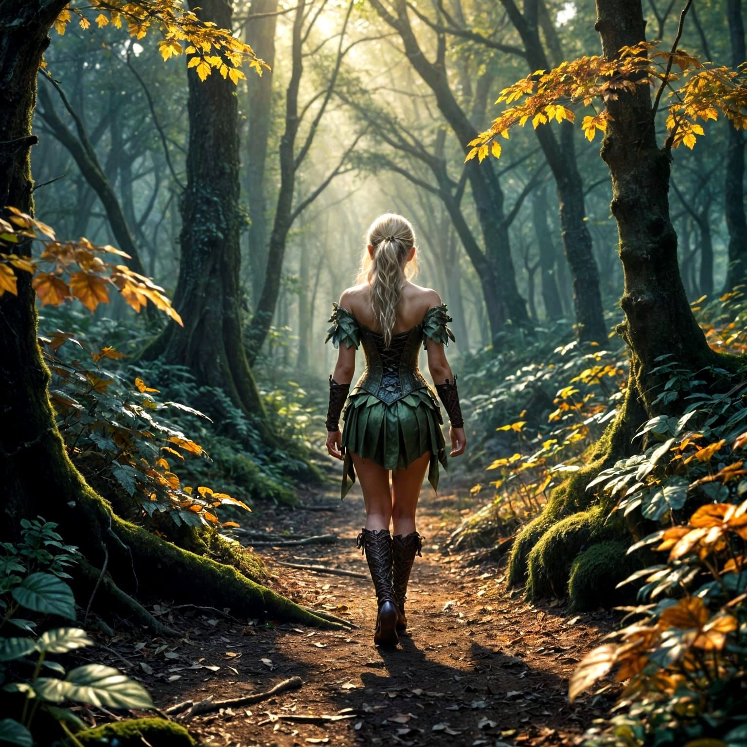 Ethereal Elf Maiden Strolls in Mystical Forest