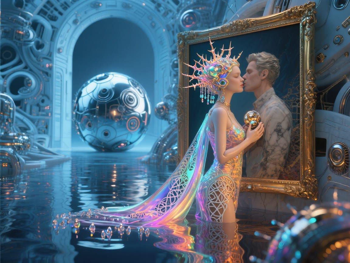 living man image in a framed painting and woman doll outside...