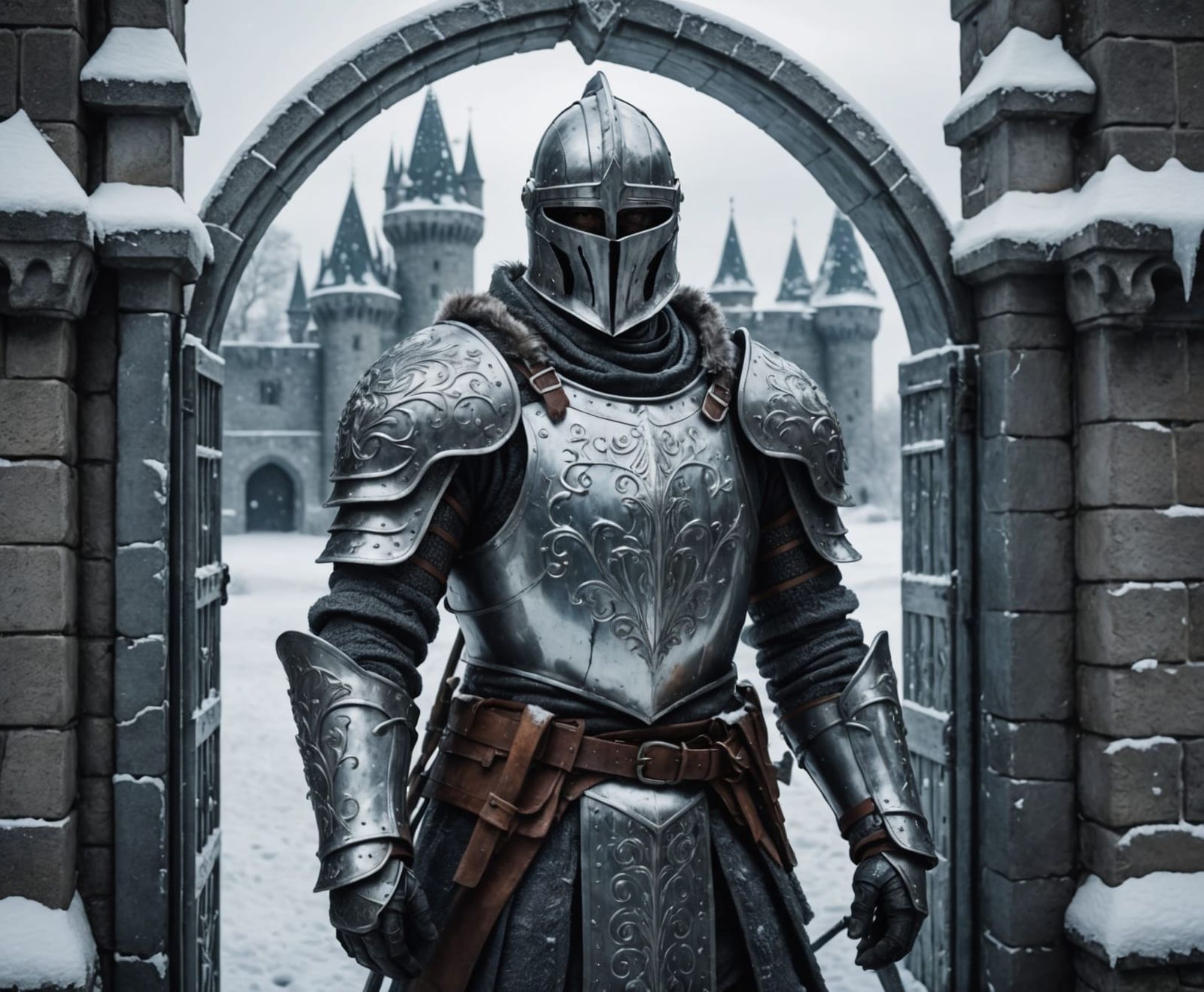 A Knight in Frozen Armour Guards the Icy Castle Gate