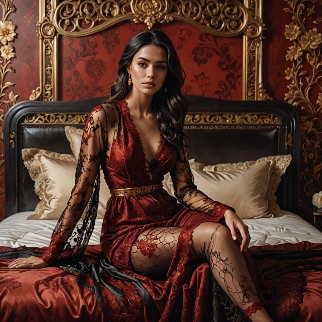 Elegant Woman in Lace Negligee on Sumptuous Bed