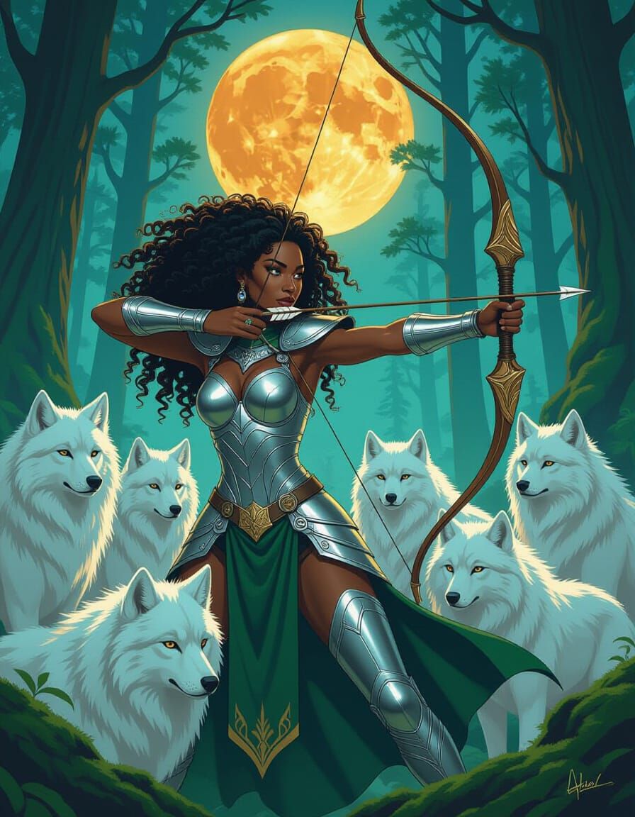 African Archer in Ethereal Forest Under Orange Moon