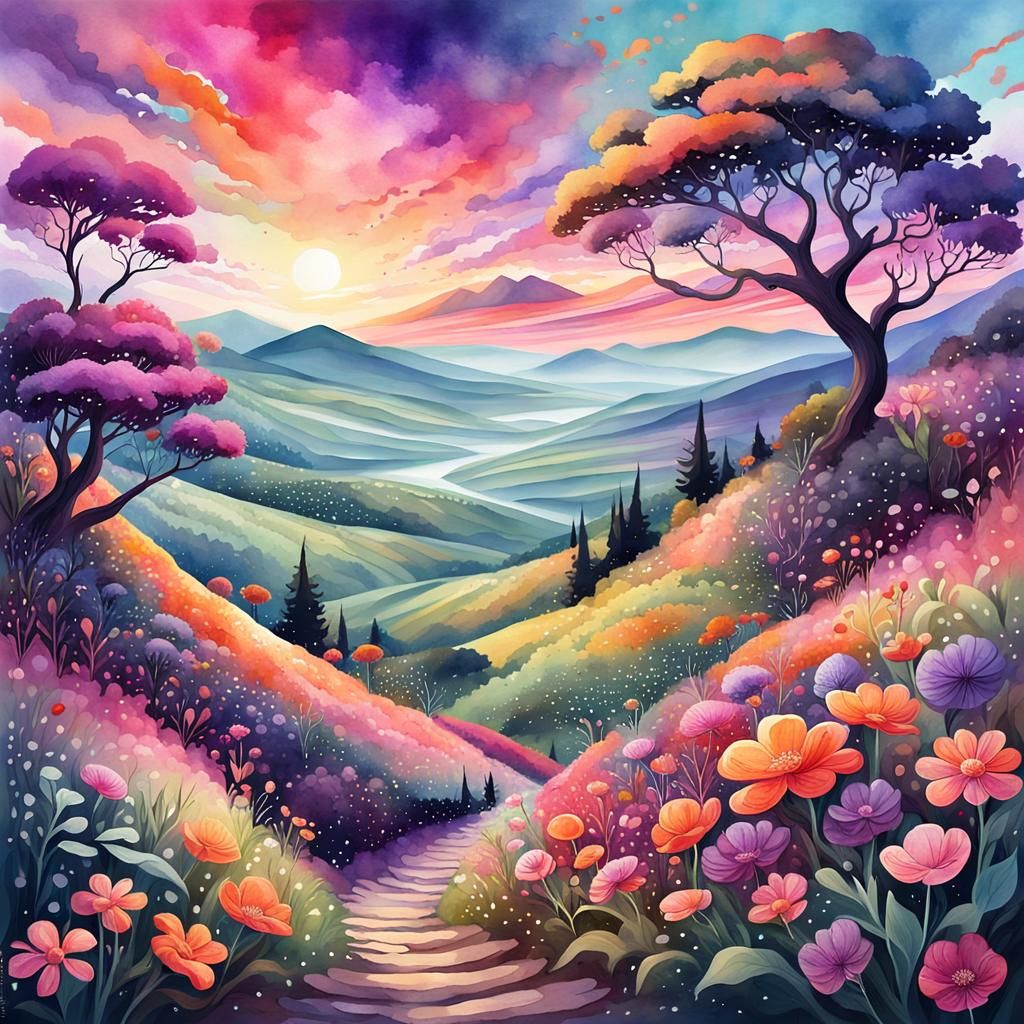 Colorful Fantasy Landscape with Vibrant Sunset Sky