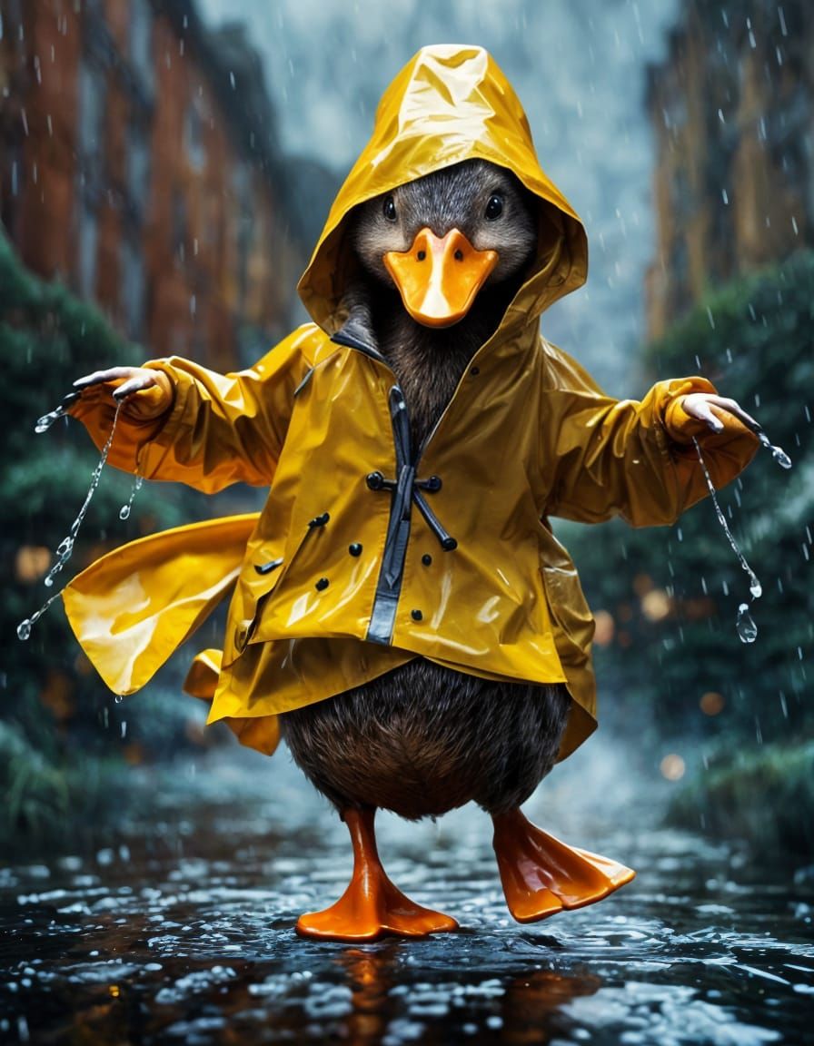 Dancing duck with a raincoat