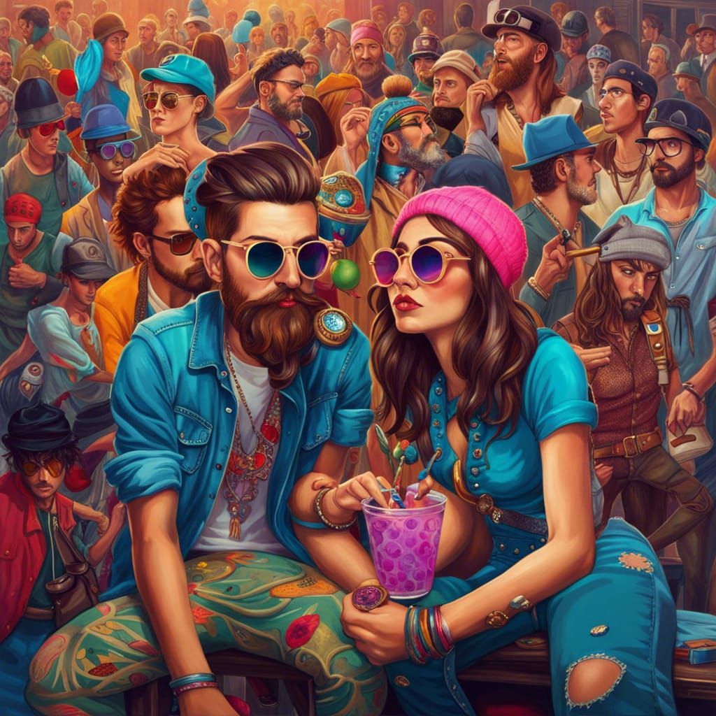 Hyperrealistic Hipster Gathering in Colorful Splash Art
