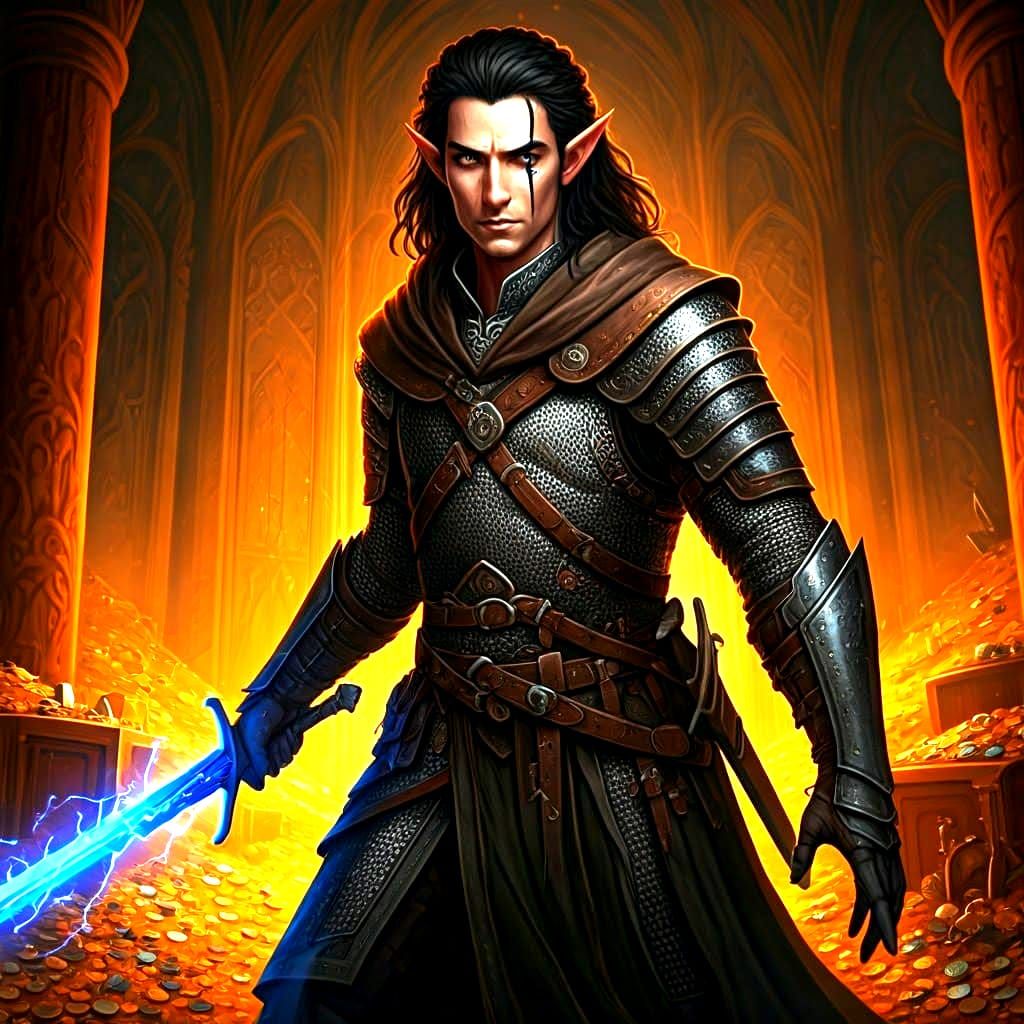 Half-Elf Rogue in Treasure Hall with Lightning Sword