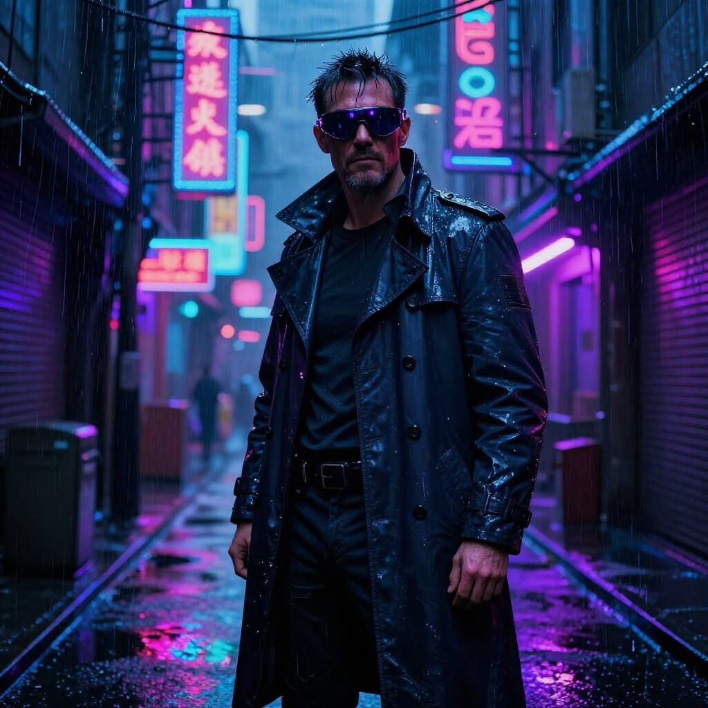 Cyberpunk Detective in Neon Rain Alley