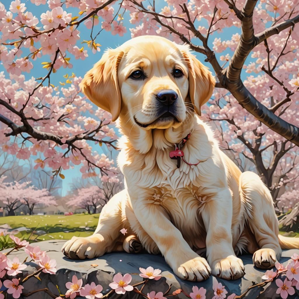Yellow Lab Puppy Amy in Cherry Blossom Tree: 3D Anime