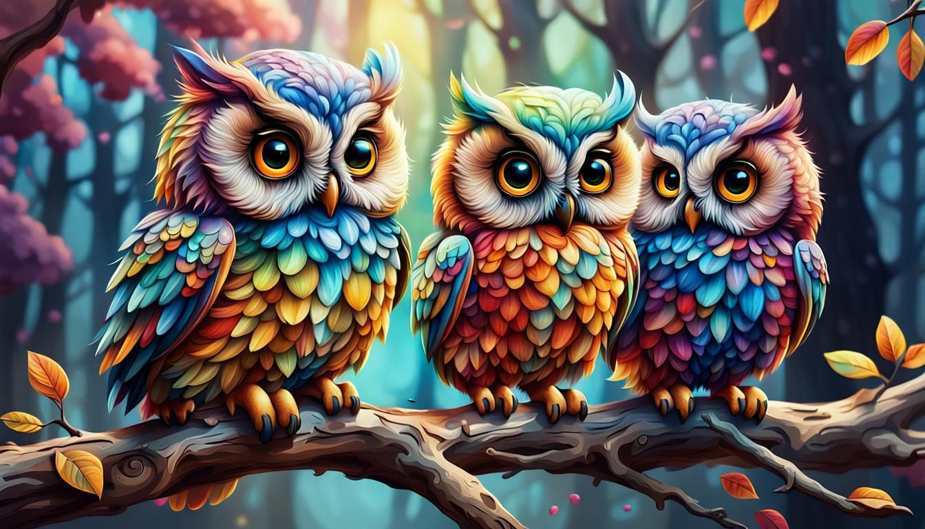 Colorful Fluffy Owls on Branch: Hyperrealistic Splash Art