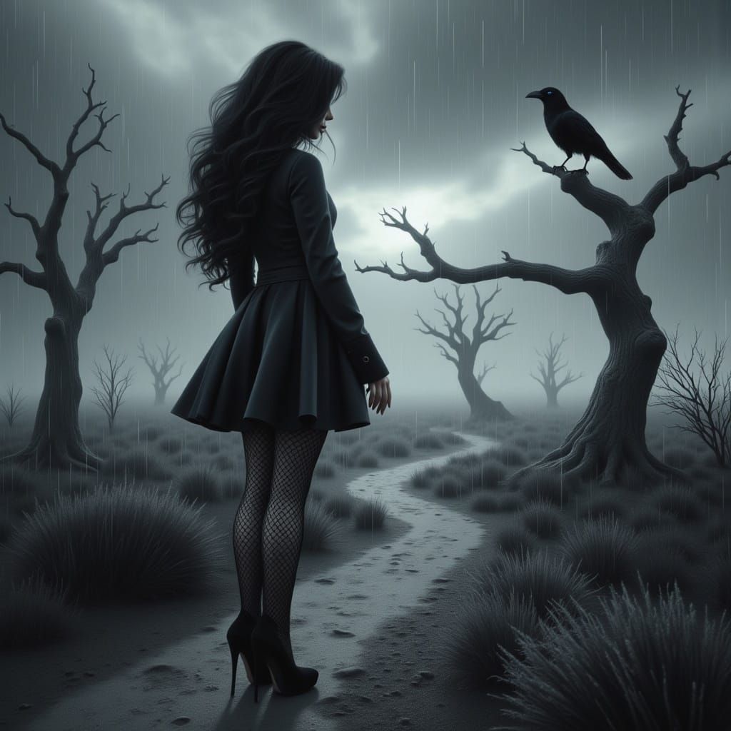 Gothic Girl Stands Alone in Desolate November Landscape