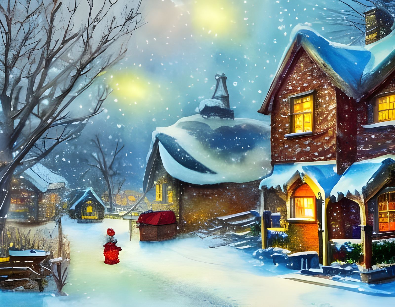 Cozy Winter Cottage in Stylized Watercolor Art