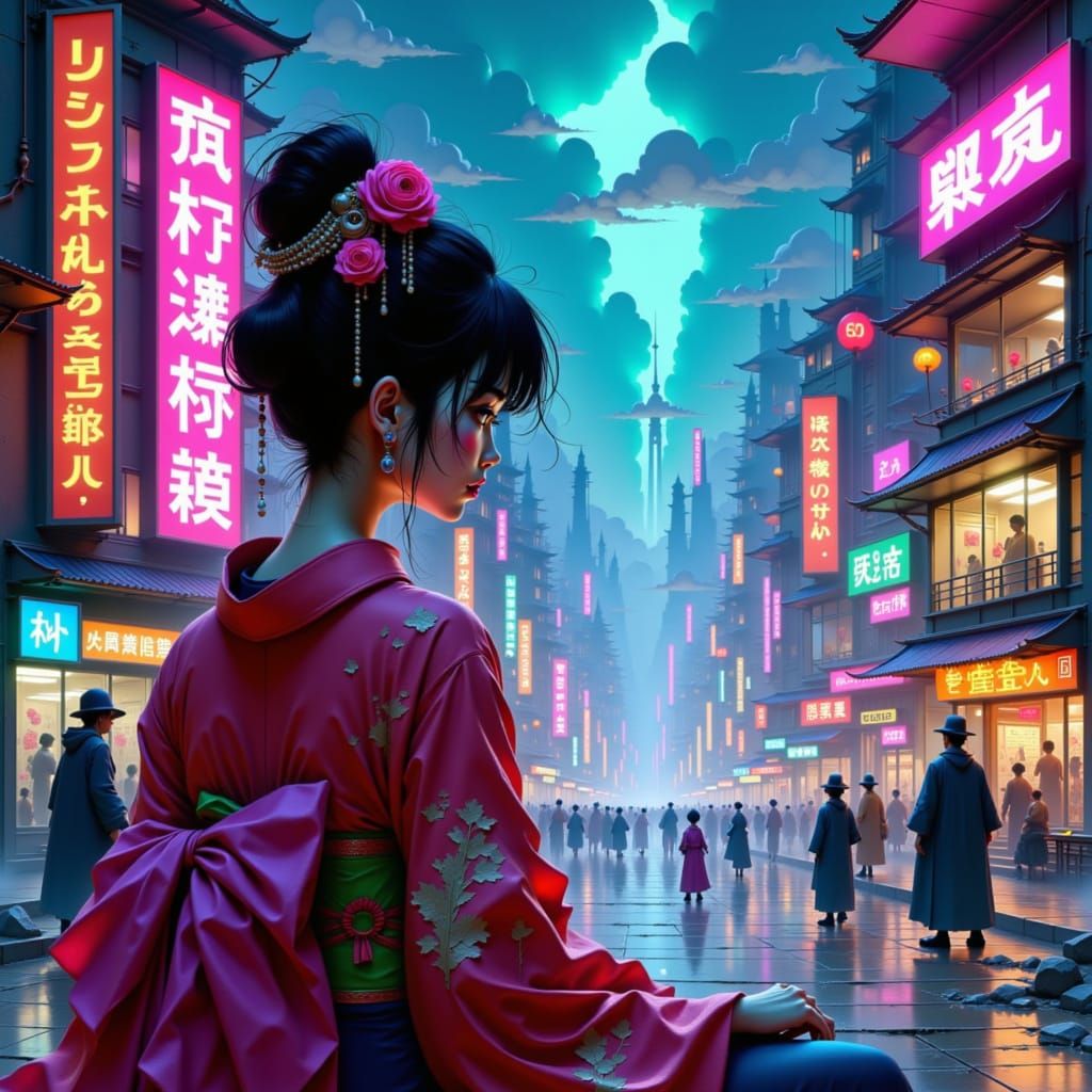 Futuristic Geisha in Cyberpunk Cityscape