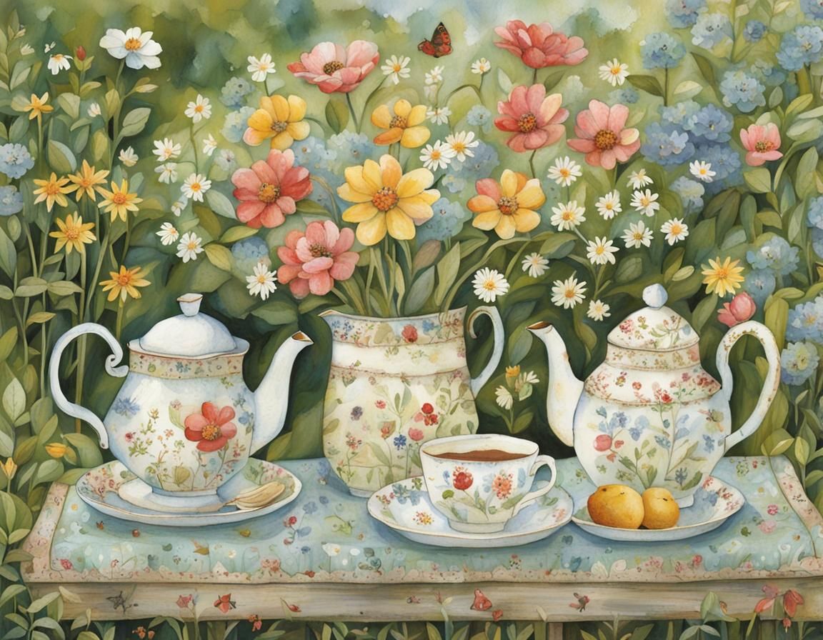 Garden Tea Party in Naive Art Style