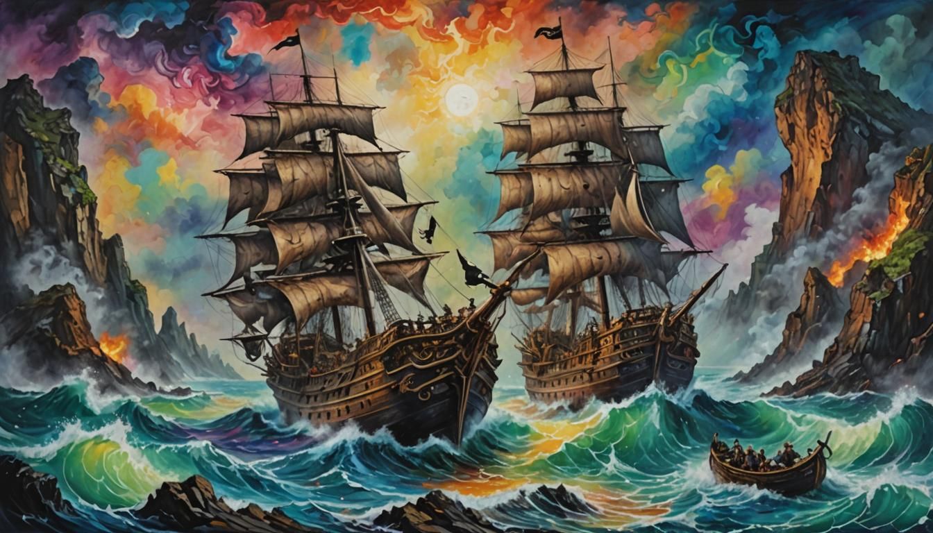 Pirate Ship Navigates Scylla and Charybdis, Impressionist Pa...