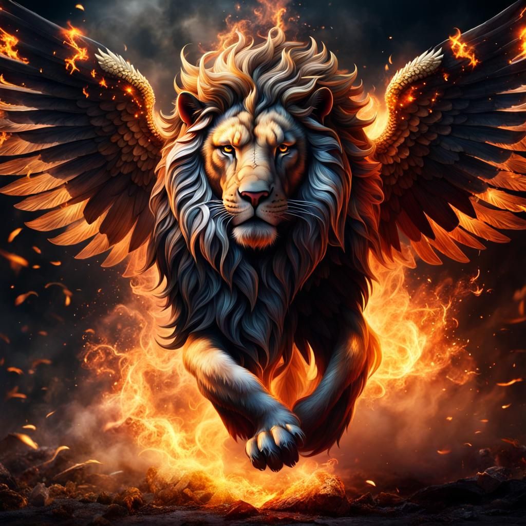 Winged lion in fire