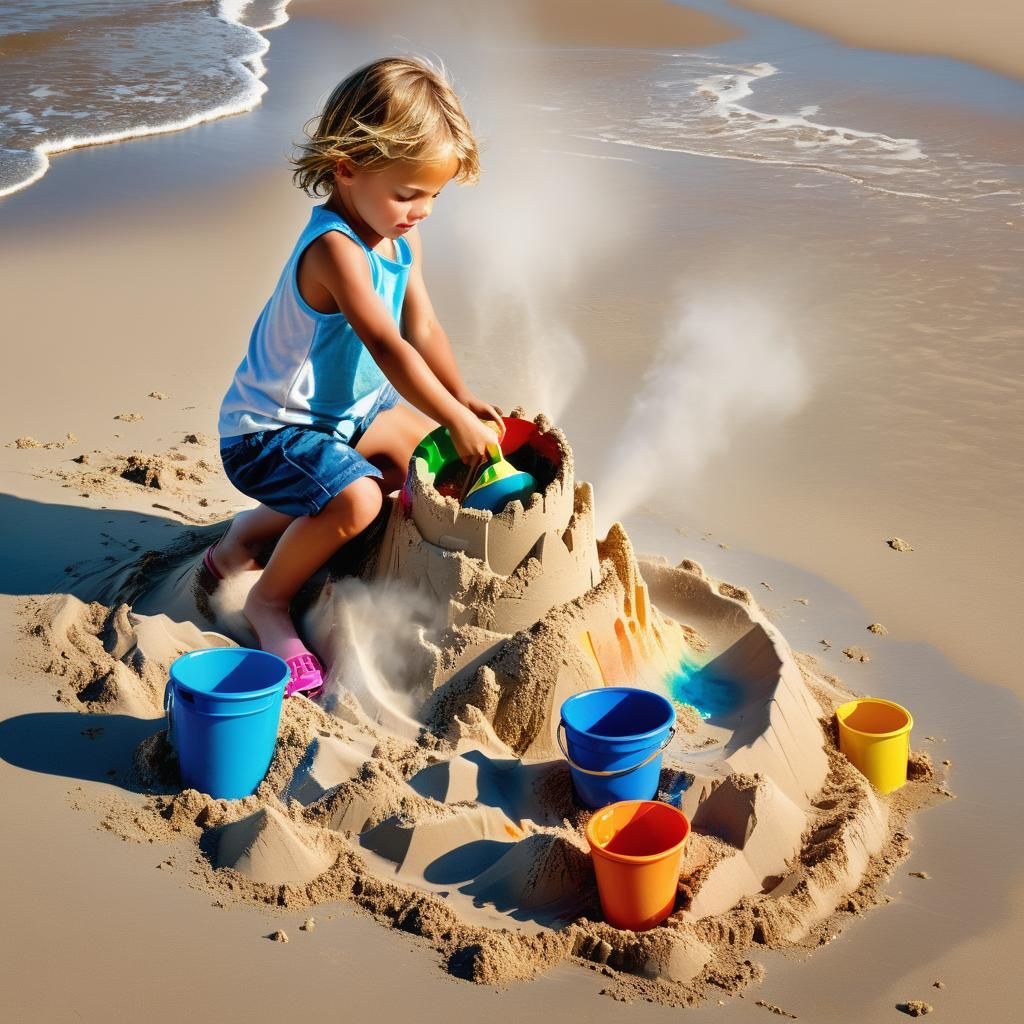 Child's Sandcastle: Hyperrealistic Beach Scene