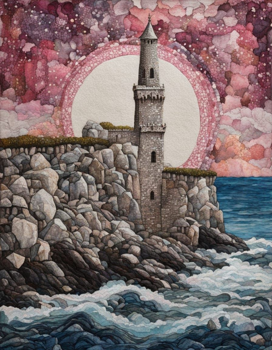 Medieval Cliffside Tower in Starry Pink Landscape