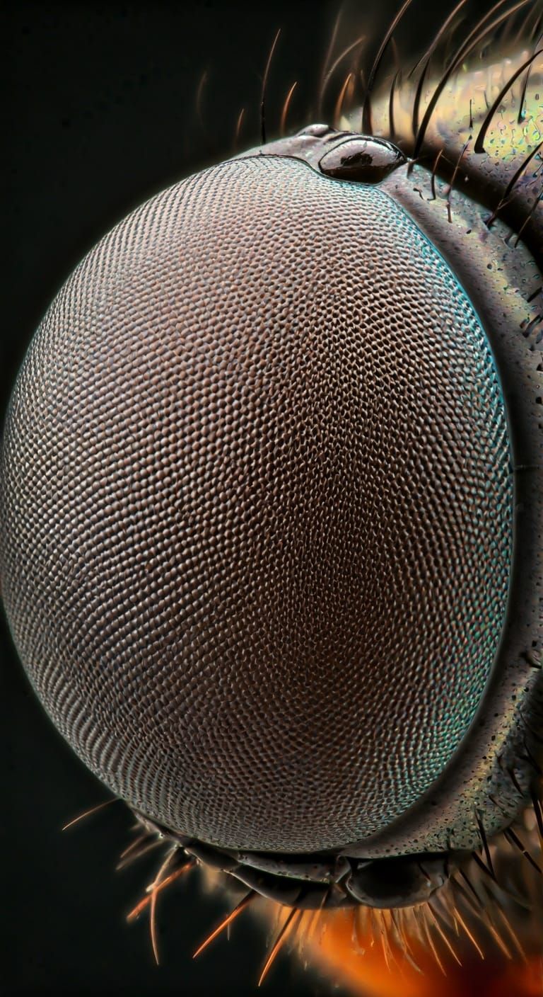 Mini robot fly compound eye at 200x magnification fills the frame, displaying hexagonal ommatidia arranged in a precise ...