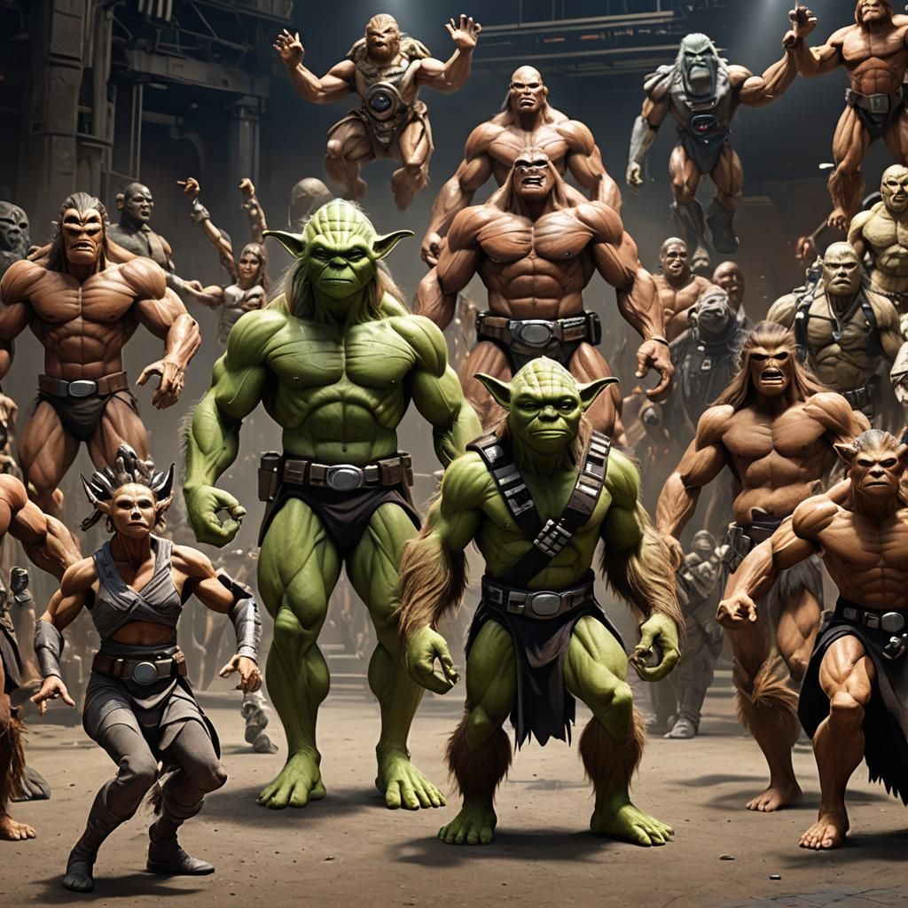 Bodybuilder Yoda on stage with other body builder star wars characters