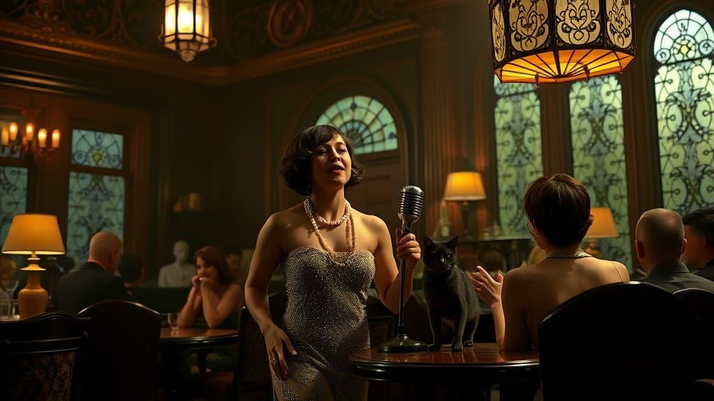 Jazz Singer in 1920s Speakeasy, Hyperrealistic Style
