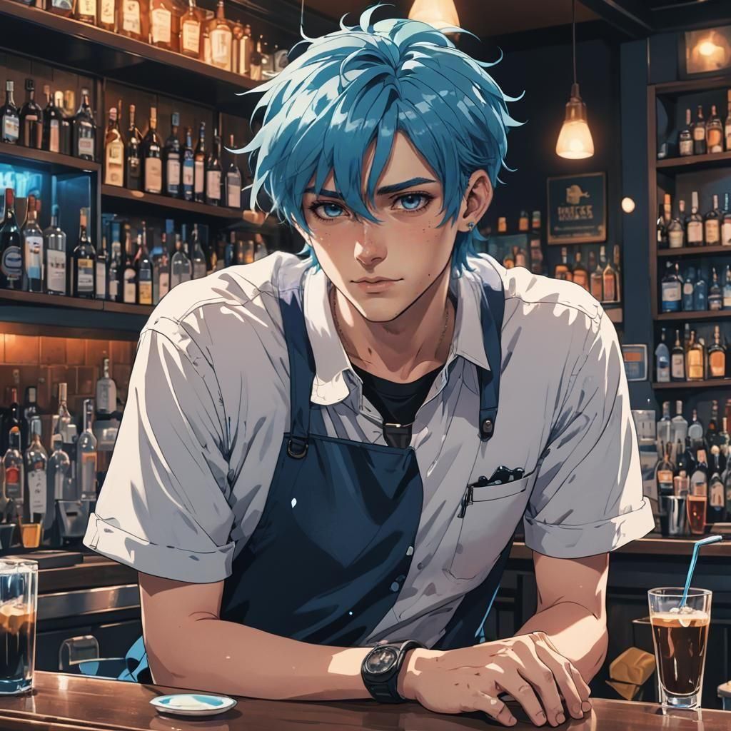 Gay Twink Barista with Blue Hair in Anime Style