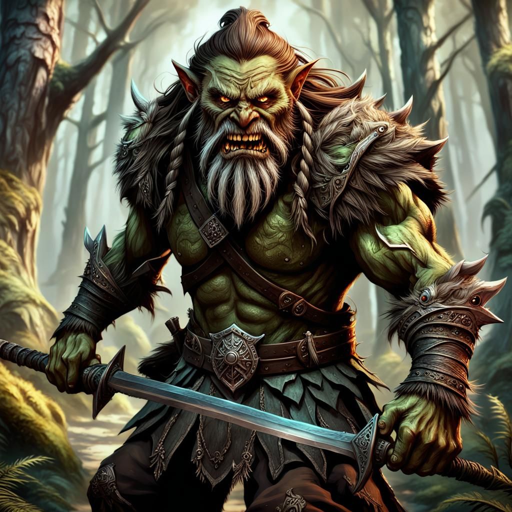 Bugbear Warrior in Enchanted Forest, Detailed Digital Art