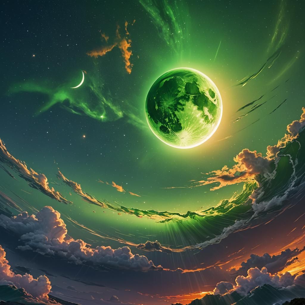 Hyperrealistic Sunset with Crescent Moon and Star