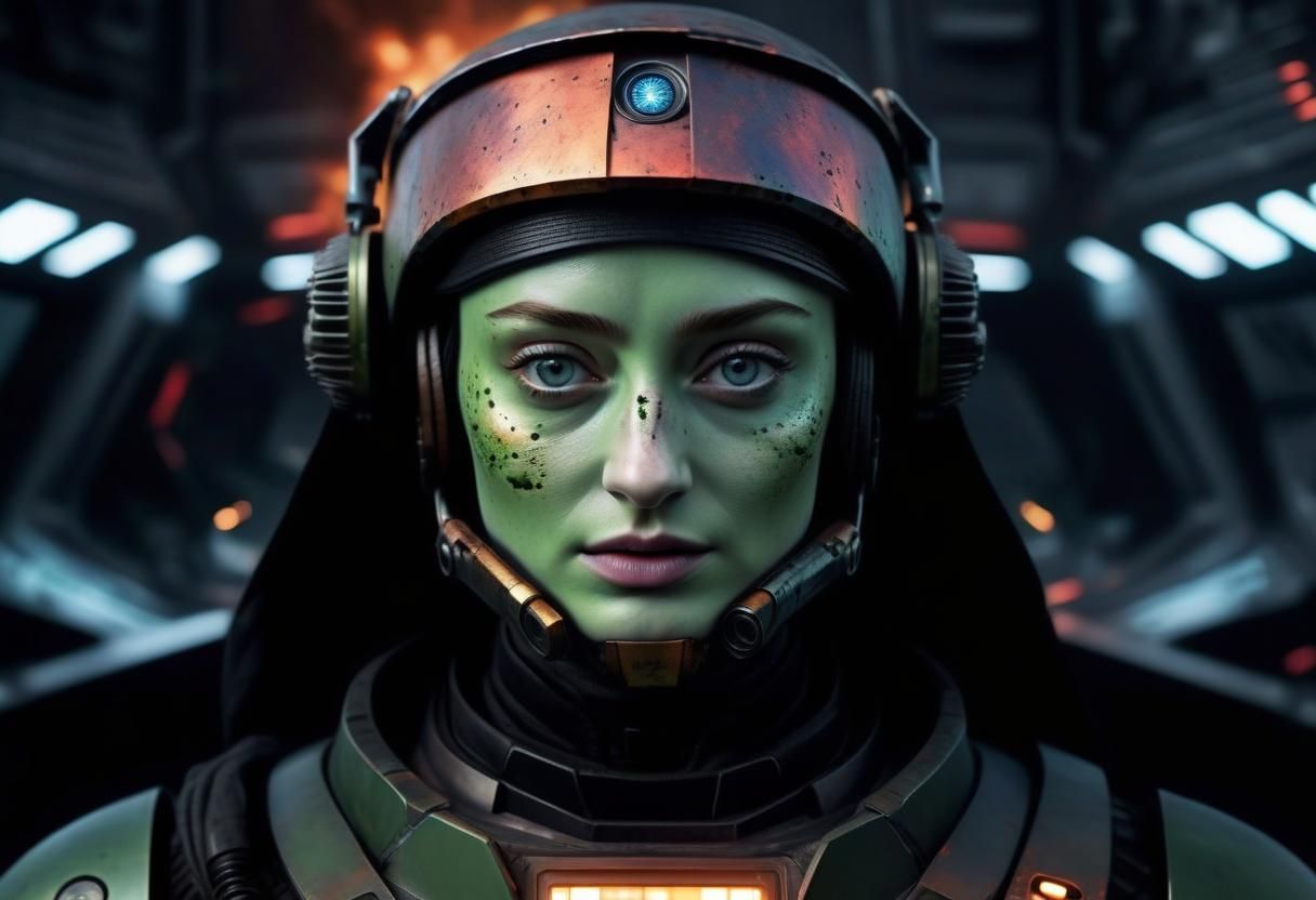 An image of Sophie Turner as an army green cyber robot Rebel...
