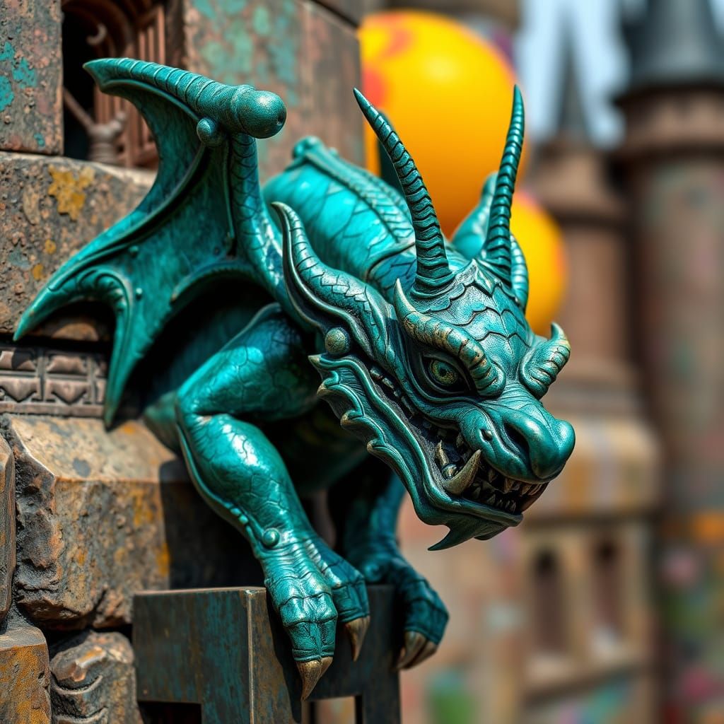 Whimsical Copper Gargoyle Statue on Castle Wall