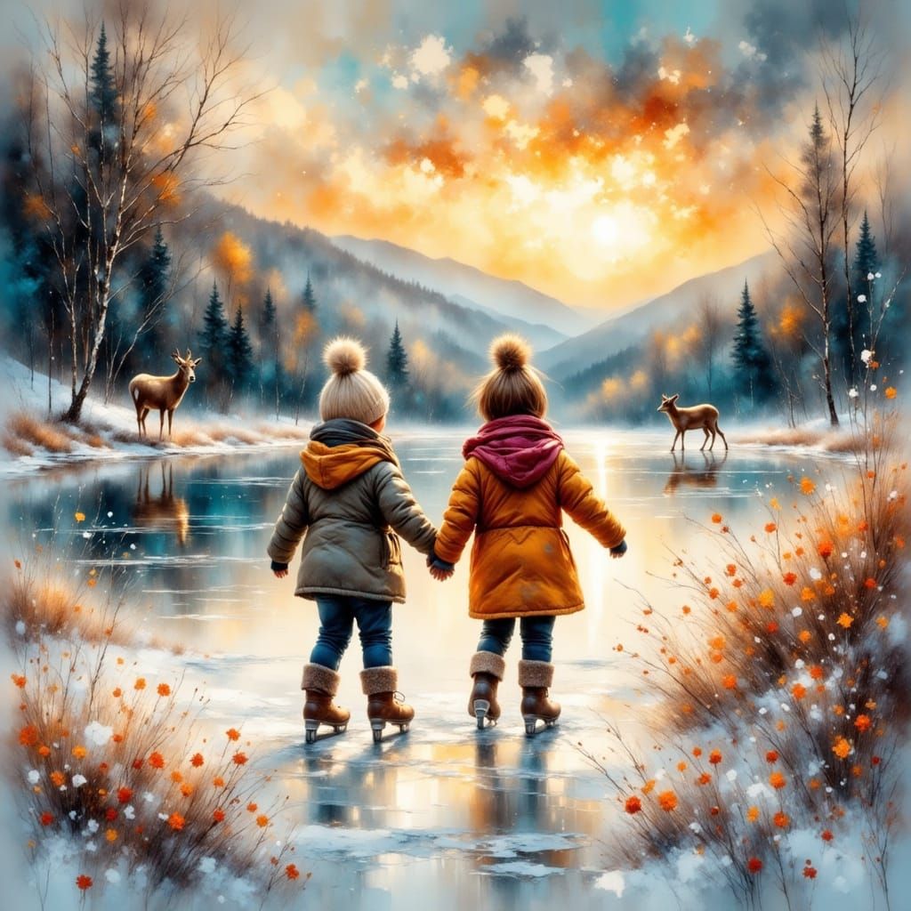 Children Skating on Frozen Lake at Sunset
