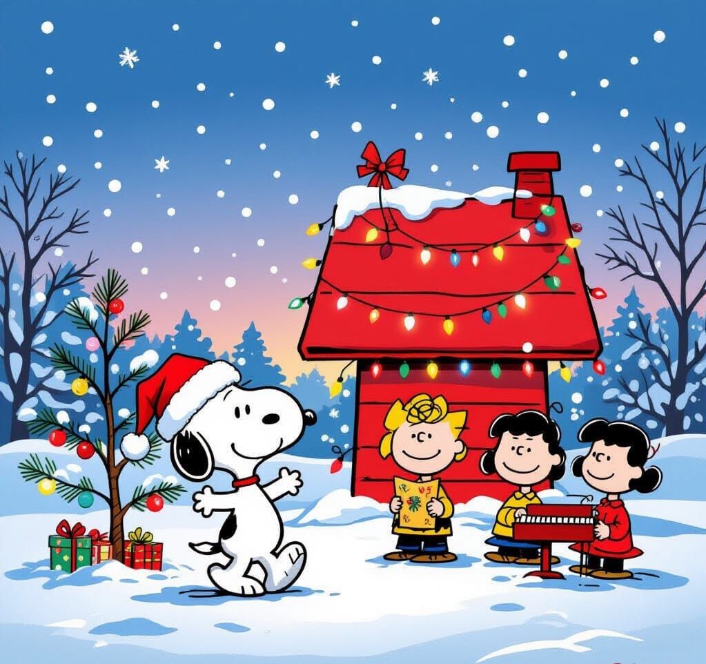 Snoopy and Friends Christmas Scene in Folk Art Style