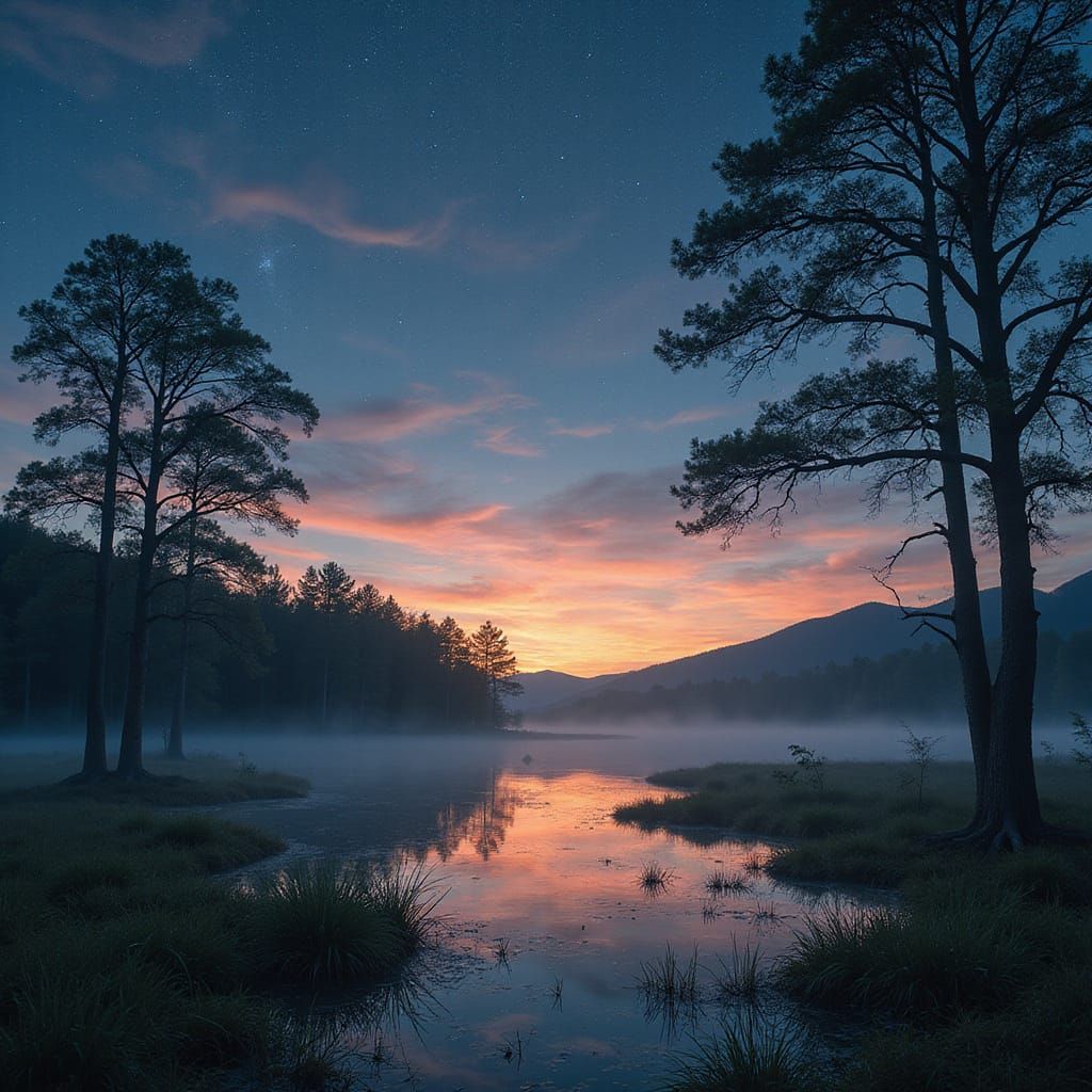 Misty Swamp Landscape Under Starry Sky