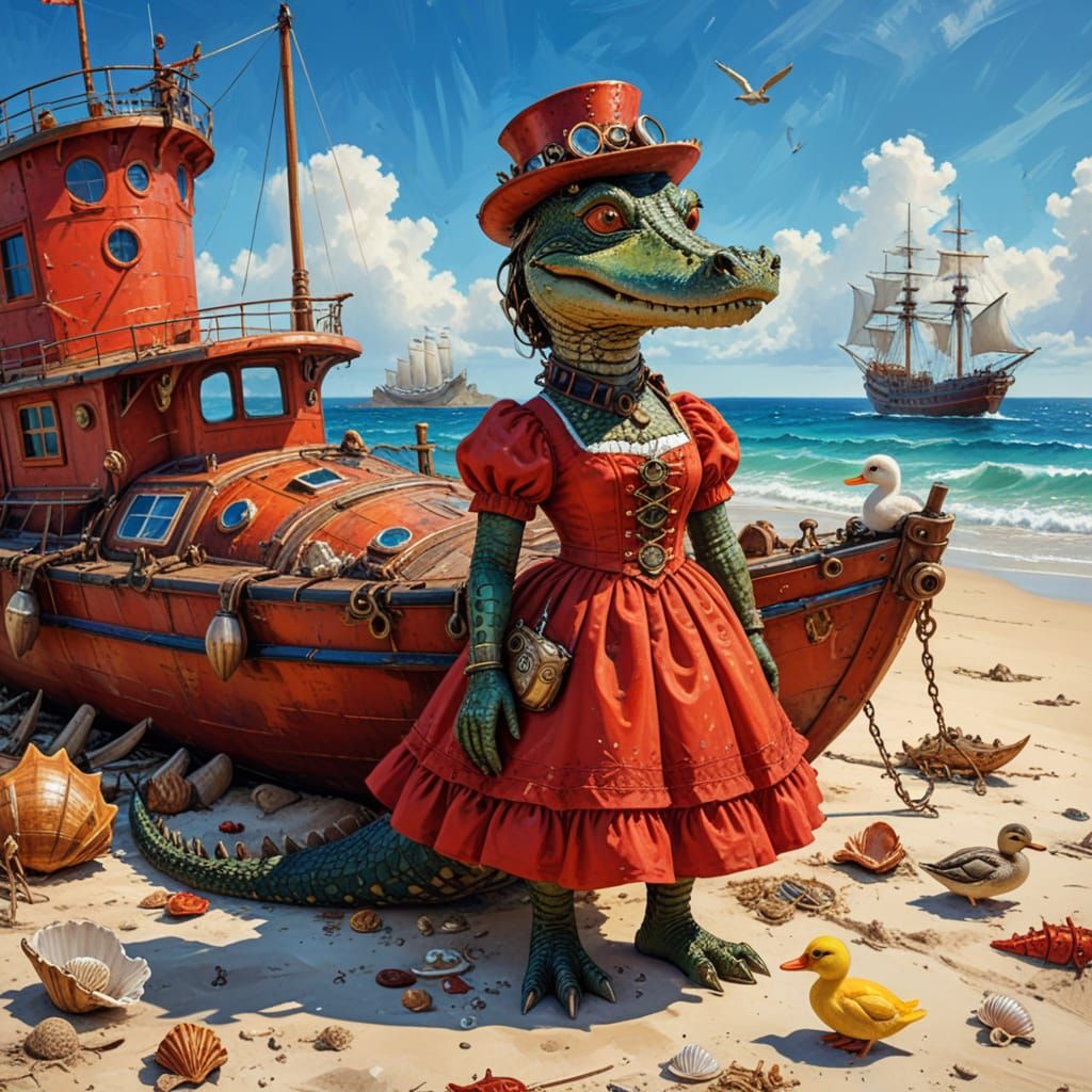 Steampunk Crocodile on Vacation Painting