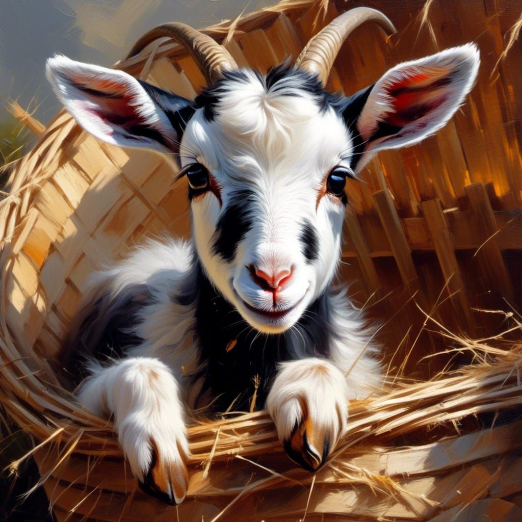 Little baby goat peering out of old basket.