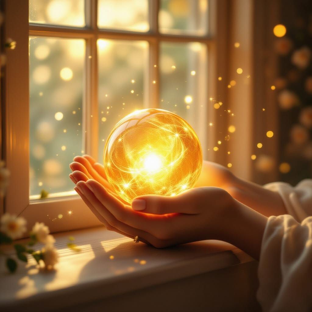 Gentle Hands Cradling Glowing Golden Orb in Warm Sunlight