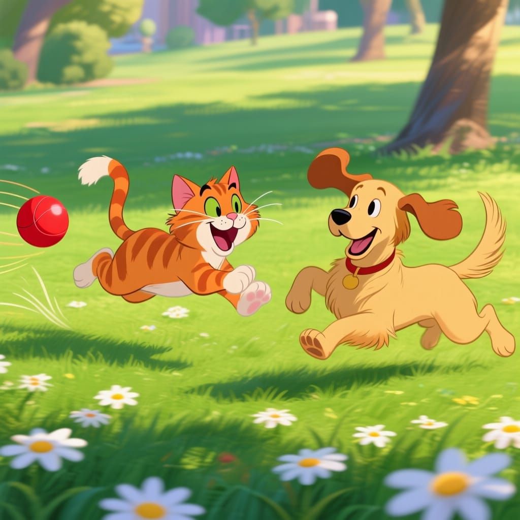 Joyful Cartoon Cat and Dog Play in Sunny Park