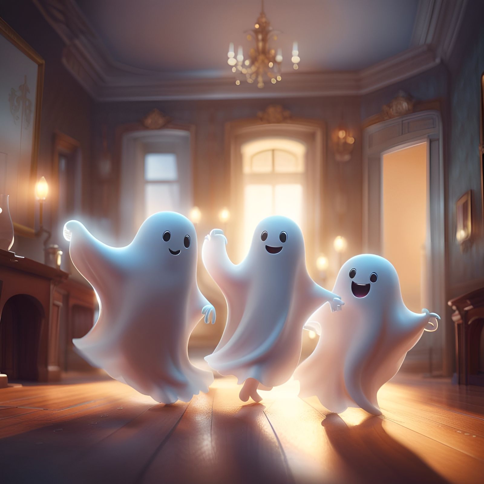 Dancing Ghosts in Old Mansion, Detailed Digital Art