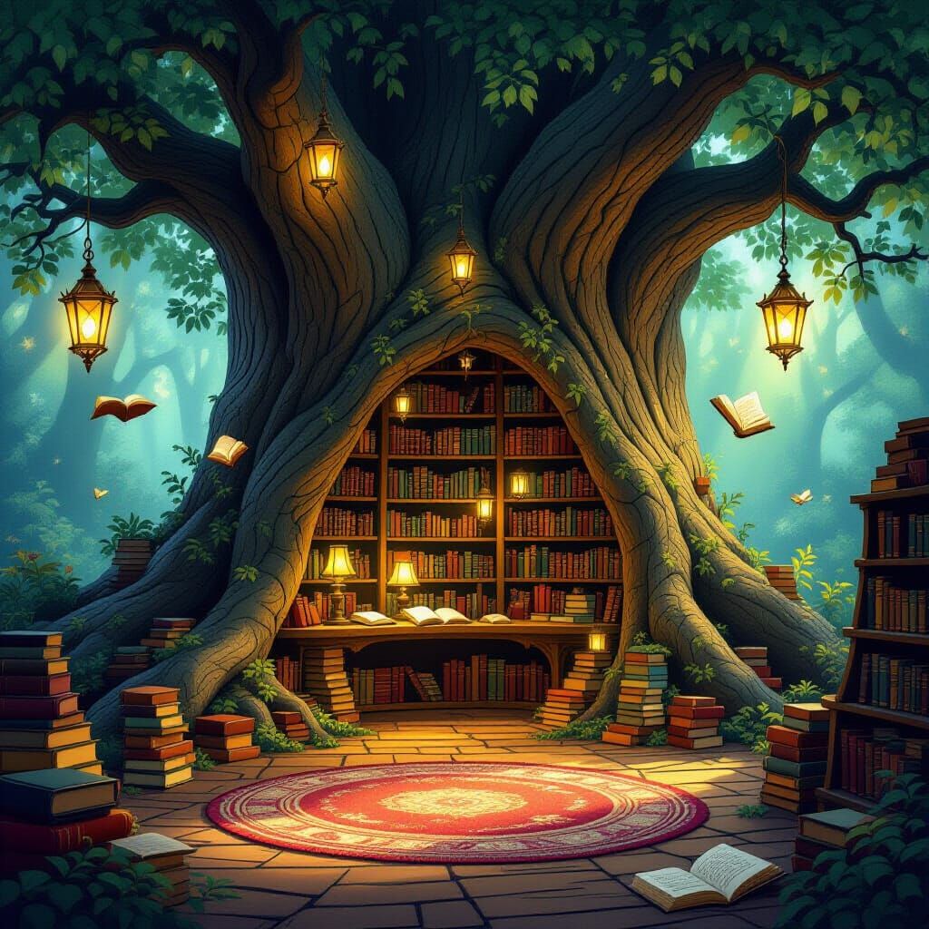 Enchanting Tree Library with Floating Books