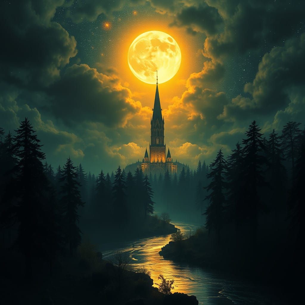Epic Digital Matte Painting of Tower Under Full Moon