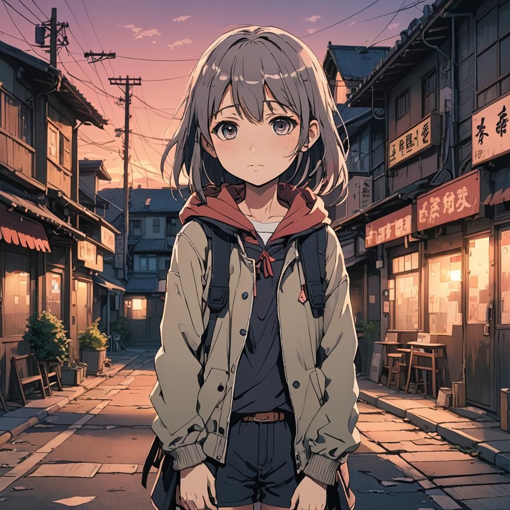 Sad Girl in Manga Town, Anime Illustration