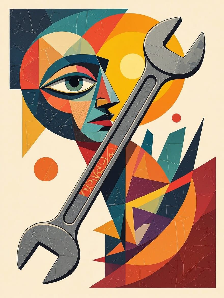 Vibrant Solarpunk Wrench Figure in Cubist Collage