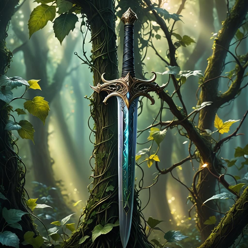 Verdant Sword in Mystical Forest Illustration