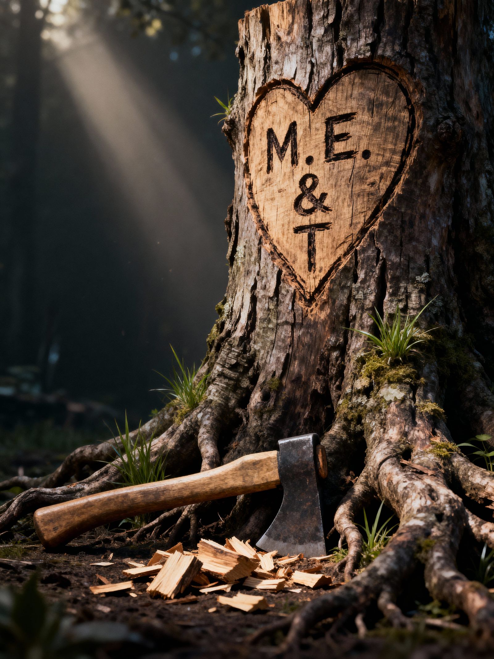 Realistic Tree Stump Tattoo with Initials Carved
