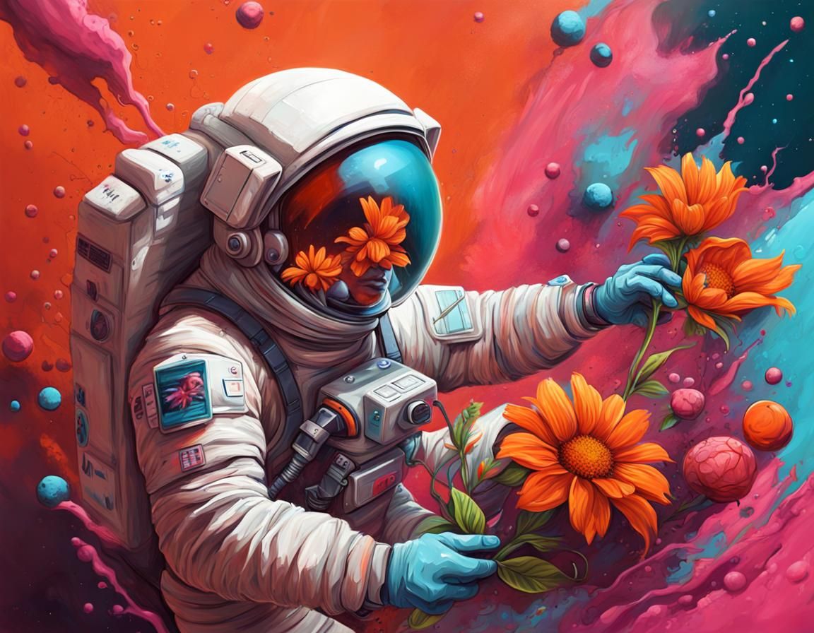 Astronaut Plucking Flower on Mars in Graffiti Style