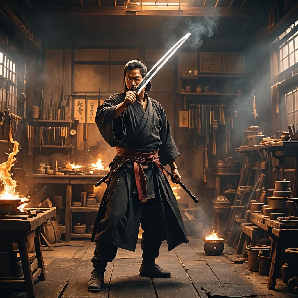 Japanese Swordsmith Forging Fire Katana: Cinematic Digital A...