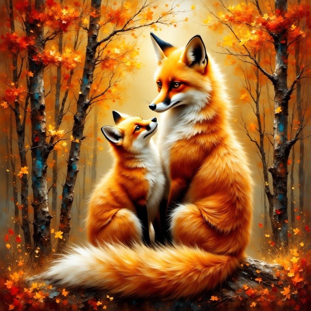 Elegant Fox Family in Autumn Forest Oil Painting