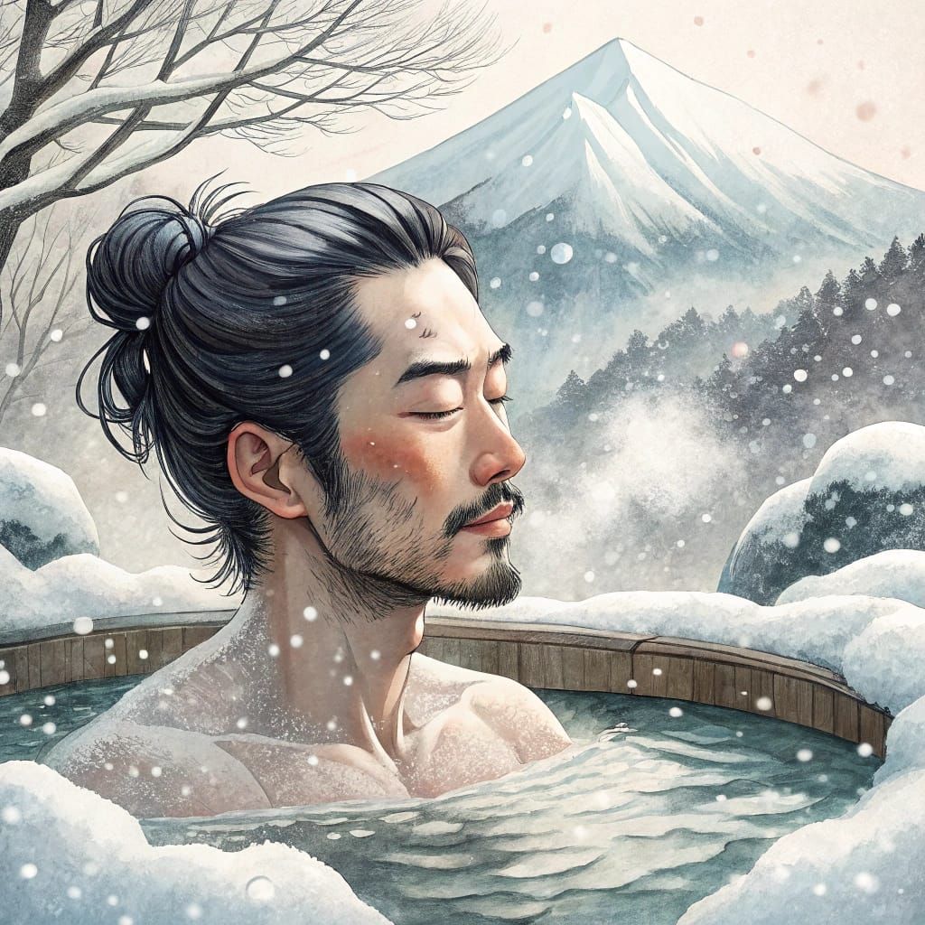 Man Bathes in Snowy Onsen, Asian Ink Watercolour Style
