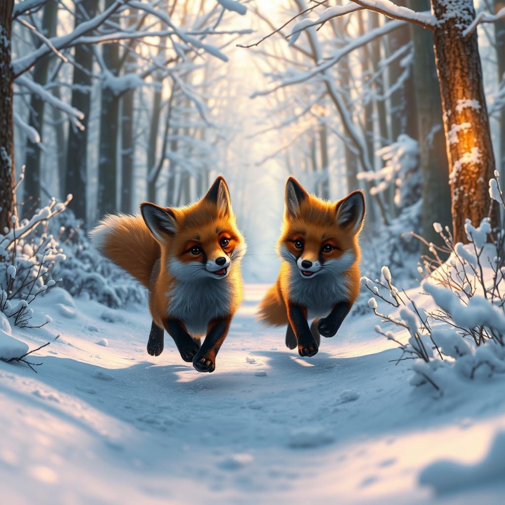 Winter Foxes at Play in a Snowy Forest